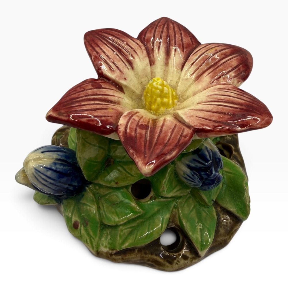Vintage Ceramic Flower Frog Hand Painted Floral Majolica Style Pink Blue Green